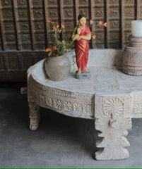 Carved Wooden Handmade Round Chakki Grinder table in All White