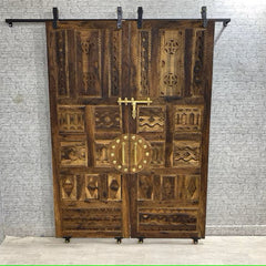 Barn Doors Handmade Indian Furniture Wooden Carved Moroccan Style Sliding Hinged Door Walnut Finish