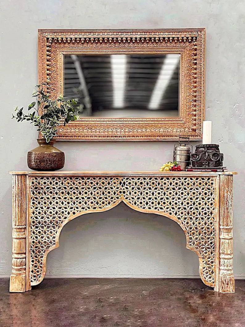 Carved Oasis Hand Carved Solid Mango Wood Mehrab Style Console Hall Table