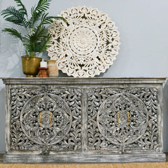 Carved Oasis Hand Carved Solid Mango Wood 4 Doors Sideboard Black Wash