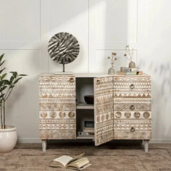 Carved Oasis Hand Carved Solid Mango Wood 2 Doors 3 Drawers Sideboard