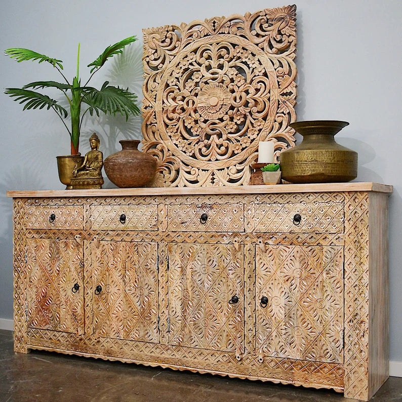 Carved Oasis Hand Carved Solid Mango Wood Wooden 4 Doors Sideboard