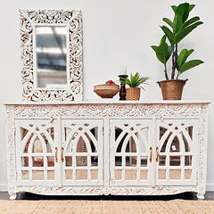 French Arched Hand Carved Solid Mango Wood Sideboard in Distressed White