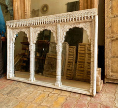 Handmade Carved Indian Jharokha Solid Hard Wood Large Arch Rustic White