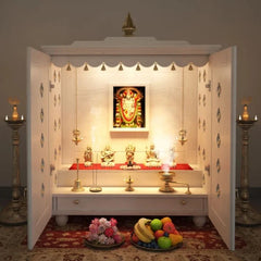 Medium Sized Handmade Sheesham Wood Home Temple In White