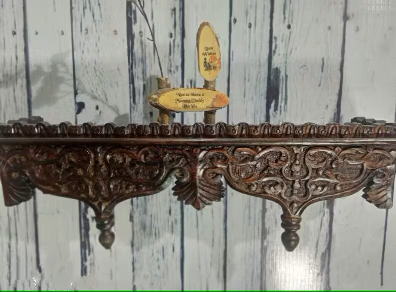 Handmade Home Decor Carved Mango Wood Floating Wall Shelf in Brown