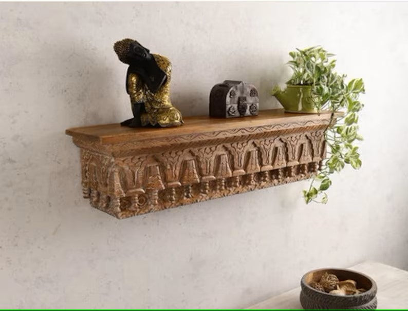 Handmade Home Decor Carved Mango Wood Floating Wall Shelf in Oriental Style