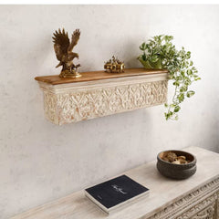 Handmade Home Decor Carved Mango Wood Floating Wall Shelf Distressed White