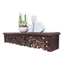 Handmade Home Decor Carved Mango Wood Floating Wall Shelf in Brown