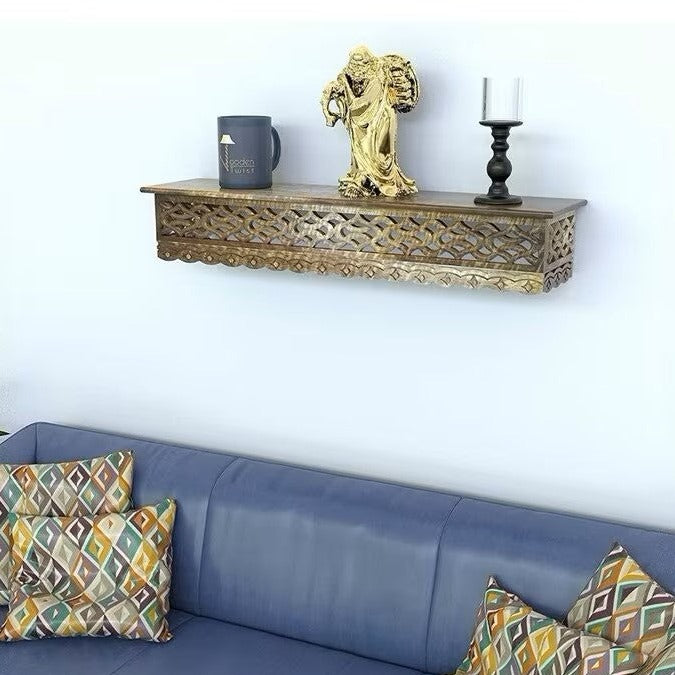 Handmade Home Decor Carved Mango Wood Floating Wall Shelf in Gold