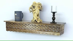 Handmade Home Decor Carved Mango Wood Floating Wall Shelf in Gold