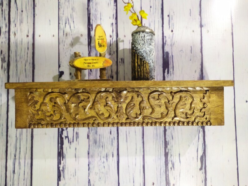 Handmade Home Decor Carved Mango Wood Floating Wall Shelf in Gold