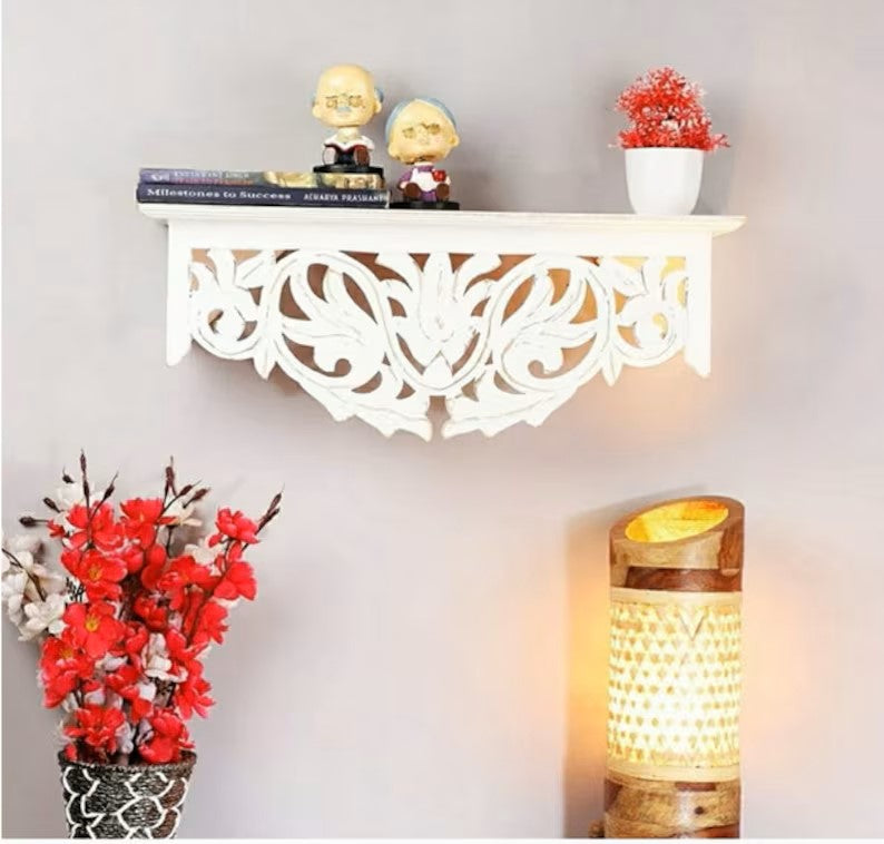 Handmade Home Decor Carved Mango Wood Floating Wall Shelf