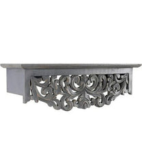 Handmade Home Decor Carved Mango Wood Floating Wall Shelf in Grey