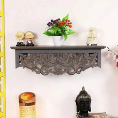 Handmade Home Decor Carved Mango Wood Floating Wall Shelf in Grey