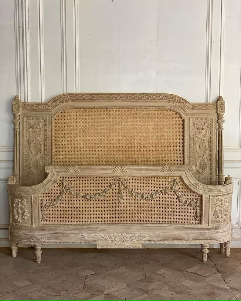 Indian French Rustic Solid Wood Platform Bed With Flower Style Headboard