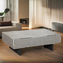 Bone Inlay Handmade Solid Wood Coffee Table in Black Strip Pattern