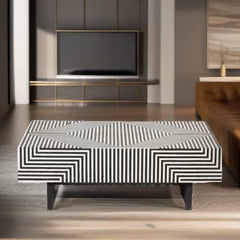 Bone Inlay Handmade Solid Wood Coffee Table in Black Strip Pattern