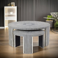 Bone Inlay Handmade Solid Wood Nested Coffee Table in Black Strip Pattern