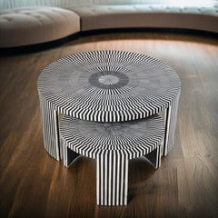 Bone Inlay Handmade Solid Wood Nested Coffee Table in Black Strip Pattern