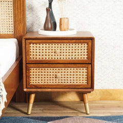 Handmade Solid Wood Rattan Cane Two Drawer Bedside Table