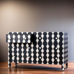 Bone Inlay Handmade Solid Hard Wood Modish Dresser Drawers Black Floral Pattern
