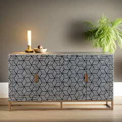 Bone Inlay Handmade Solid Hard Wood Modish Sideboard Black Geometric Pattern