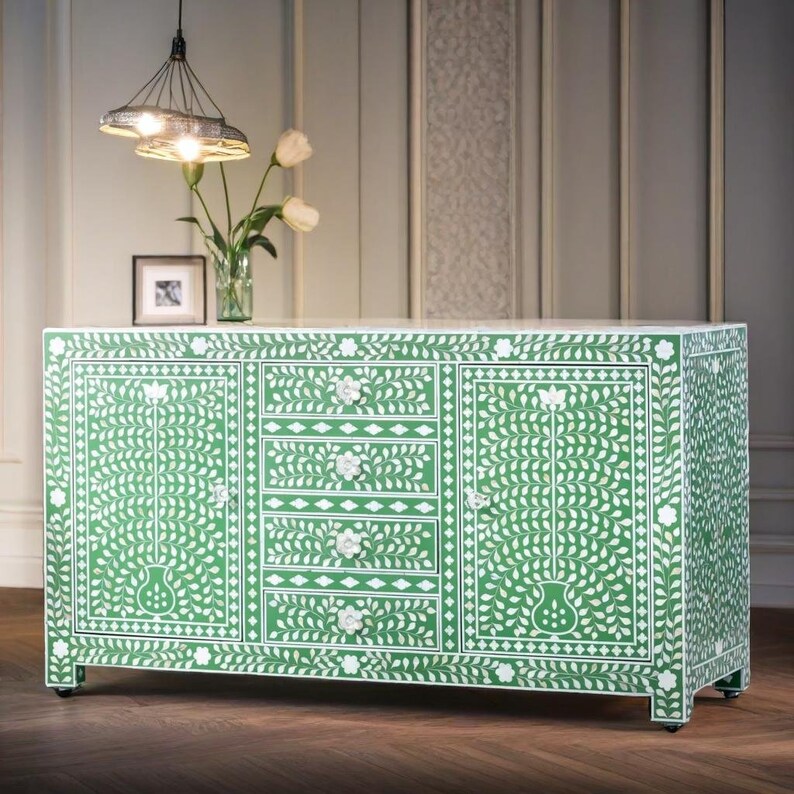 Mother of Pearl Inlay Handmade Solid Wood Sideboard In Green Floral Pattern