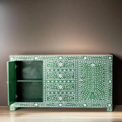 Mother of Pearl Inlay Handmade Solid Wood Sideboard In Green Floral Pattern