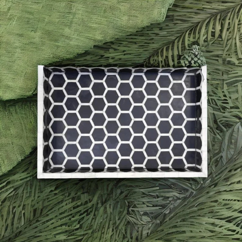 Handmade Furniture Bone Inlay Rectangle Serving Tray Honeycomb pattern