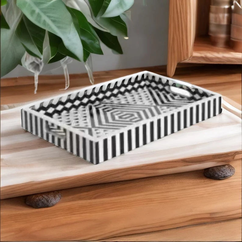 Handmade Furniture Bone Inlay Rectangle Serving Tray Geometric pattern