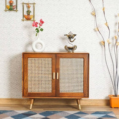 Handmade Solid Hard Wood Rattan Cane Two Door Cabinet