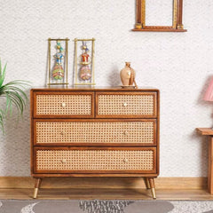 Handmade Rattan Cane Solid Wood Chest of Drawer Four Drawer