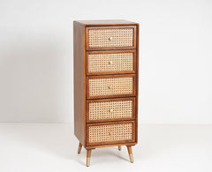 Handmade Tall Boy Chest of Drawer Solid Wood Rattan Cane Five Drawer Storage