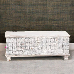 Hand carved Furniture Vintage Solid Wood Chest Box Trunk Box Whitewash