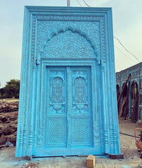 Handmade Mughal Style Indian Furniture Solid Hard Wood Entrance Doors in Blue