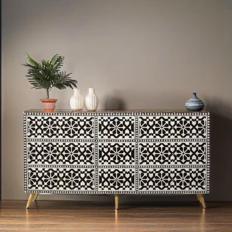 Bone Inlay Handmade Solid Hard Wood Modish Dresser Drawers Black Floral Pattern