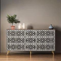 Bone Inlay Handmade Solid Hard Wood Modish Dresser Drawers Black Floral Pattern
