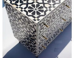 Bone Inlay Handmade Solid Hard Wood Modish Dresser Drawers Black Floral Pattern