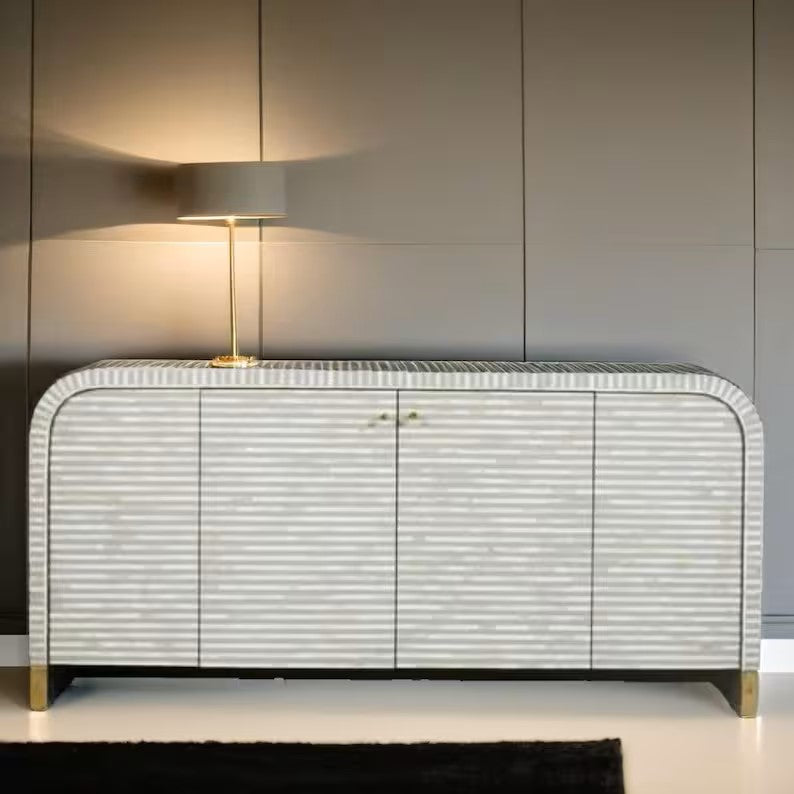 Bone Inlay Handmade Solid Hard Wood Waterfall Style Sideboard Grey Stripped Pattern