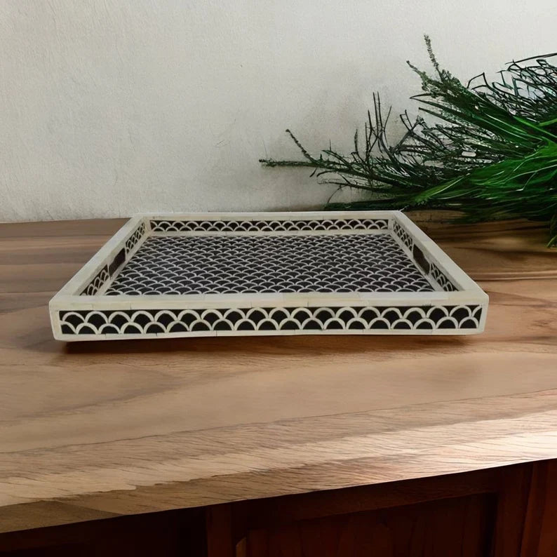 Handmade Furniture Bone Inlay Rectangle Serving Tray Fishscale pattern