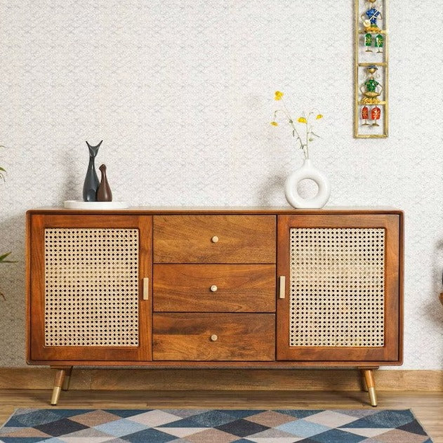 Handmade Solid Hard Wood Rattan Cane Two Door Sideboard with Three Drawers