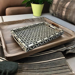 Handmade Furniture Bone Inlay Rectangle Serving Tray Geometric pattern