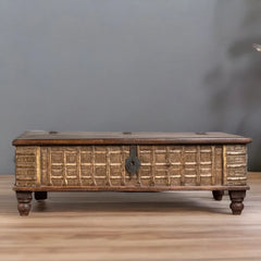 Vintage Style Hand carved Furniture Antique Brass Fitted Chest Box