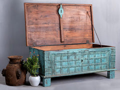 Handmade Indian Furniture Antique Teal Chest Box Wooden Storage Box