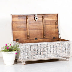 Hand carved Furniture Vintage Solid Wood Chest Box Trunk Box Whitewash