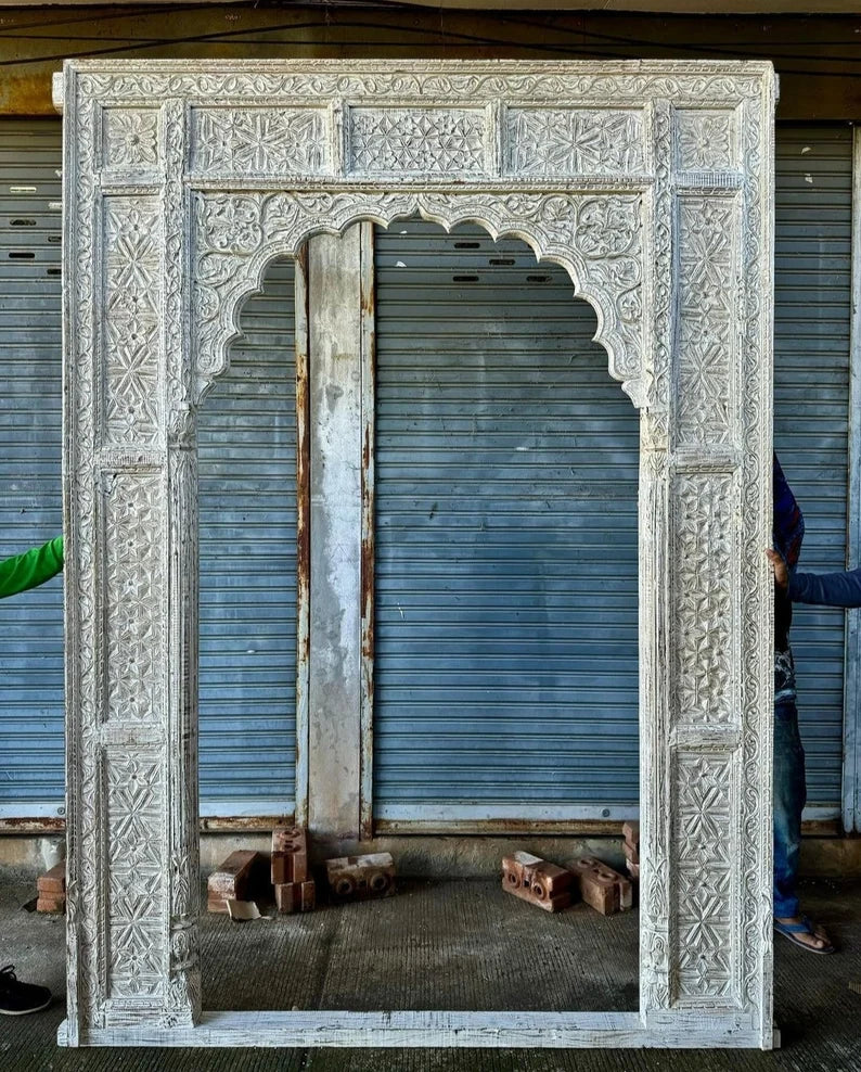 Antique Handmade Carved Indian Jharokha Solid Hard Wood Large Arch White