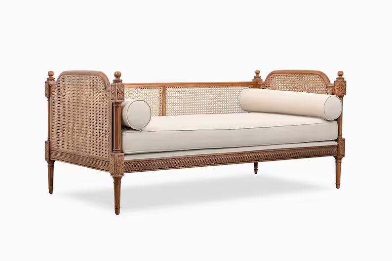 Hand Carved Solid Wood Furniture Rattan Canning Daybed Sofa