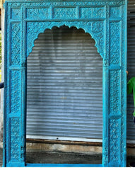 Handmade Carved Indian Jharokha Solid Hard Wood Large Arch Blue