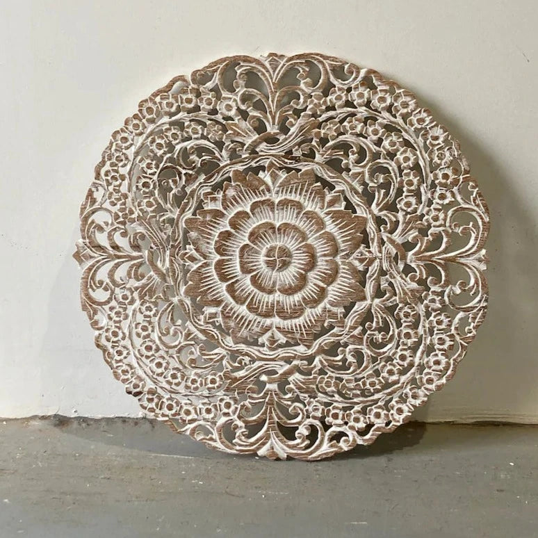 Carved Handmade Mango Wood Round Wall Hanging Panel in Whitewashed